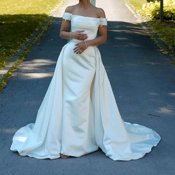 Sima Couture Satin Off the Shoulder Wedding Dress - Picture 1 of 5